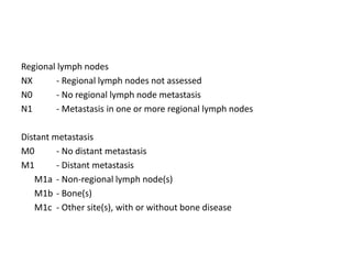 Regional lymph nodes
NX - Regional lymph nodes not assessed
N0 - No regional lymph node metastasis
N1 - Metastasis in one or more regional lymph nodes
Distant metastasis
M0 - No distant metastasis
M1 - Distant metastasis
M1a - Non-regional lymph node(s)
M1b - Bone(s)
M1c - Other site(s), with or without bone disease
 