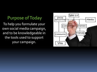 Purpose of Today
To help you formulate your
     own social media
   campaign, and to be
knowledgeable in the tools
   use...