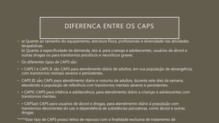 DIFERENCA ENTRE OS CAPS
• a) Quanto ao tamanho do equipamento, estrutura física, profissionais e diversidade nas atividades
terapêuticas.
b) Quanto à especificidade da demanda, isto é, para crianças e adolescentes, usuários de álcool e
outras drogas ou para transtornos psicóticos e neuróticos graves.
• Os diferentes tipos de CAPS são:
• • CAPS I e CAPS II: são CAPS para atendimento diário de adultos, em sua população de abrangência,
com transtornos mentais severos e persistentes.
• CAPS III: são CAPS para atendimento diário e noturno de adultos, durante sete dias da semana,
atendendo à população de referência com transtornos mentais severos e persistentes.
• • CAPSi: CAPS para infância e adolescência, para atendimento diário a crianças e adolescentes com
transtornos mentais.
• • CAPSad: CAPS para usuários de álcool e drogas, para atendimento diário à população com
transtornos decorrentes do uso e dependência de substâncias psicoativas, como álcool e outras
drogas.
*****Esse tipo de CAPS possui leitos de repouso com a finalidade exclusiva de tratamento de
 
