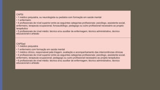 CAPSi
• 1 médico psiquiatra, ou neurologista ou pediatra com formação em saúde mental
• 1 enfermeiro
• 4 profissionais de nível superior entre as seguintes categorias profissionais: psicólogo, assistente social,
enfermeiro, terapeuta ocupacional, fonoaudiólogo, pedagogo ou outro profissional necessário ao projeto
terapêutico
• 5 profissionais de nível médio: técnico e/ou auxiliar de enfermagem, técnico administrativo, técnico
educacional e artesão
CAPSad
• 1 médico psiquiatra
• 1 enfermeiro com formação em saúde mental
• 1 médico clínico, responsável pela triagem, avaliação e acompanhamento das intercorrências clínicas
• 4 profissionais de nível superior entre as seguintes categorias profissionais: psicólogo, assistente social,
enfermeiro, terapeuta ocupacional, pedagogo ou outro profissional necessário ao projeto terapêutico
• 6 profissionais de nível médio: técnico e/ou auxiliar de enfermagem, técnico administrativo, técnico
educacional e artesão
 