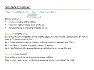Sample Sentences:
• She was wringing all the clothes
• They were not convincing them on the cost
• He was delaying the meeting since last 6 days.
Exercise 7: Bond the Story
Pick a chit, the Chit will contain a Verb and the Object. Connect n Make a sentence and 2nd Person
have to Continue the whole Story.
Eg.1: Drive/ Monkey- I saw the monkey climbing tree when I was driving to Office
Eg.2: eat / Dog – I saw the Dog trying to jump on Monkey.
Eg.3: Fight/ Michael- Monkey was fighting with Michael when he saw Monkey.
Exercise 8: Catch The Bluff
Topic will be given if the participants are unable to Think.
They need to create Stories on this topic. Audience need to catch what’s the bluff.
Rule : Formula No. 3 : S + ___H.V___ + Verb (ing) + Object
Was/Were
Wasn’t/ Weren’t
Sentence Formation
 