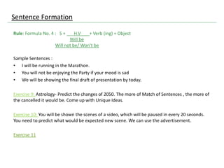 Sample Sentences :
• I will be running in the Marathon.
• You will not be enjoying the Party if your mood is sad
• We will be showing the final draft of presentation by today.
Exercise 9: Astrology- Predict the changes of 2050. The more of Match of Sentences , the more of
the cancelled it would be. Come up with Unique Ideas.
Exercise 10: You will be shown the scenes of a video, which will be paused in every 20 seconds.
You need to predict what would be expected new scene. We can use the advertisement.
Exercise 11
Rule: Formula No. 4 : S + ___H.V___ + Verb (ing) + Object
Will be
Will not be/ Won’t be
Sentence Formation
 