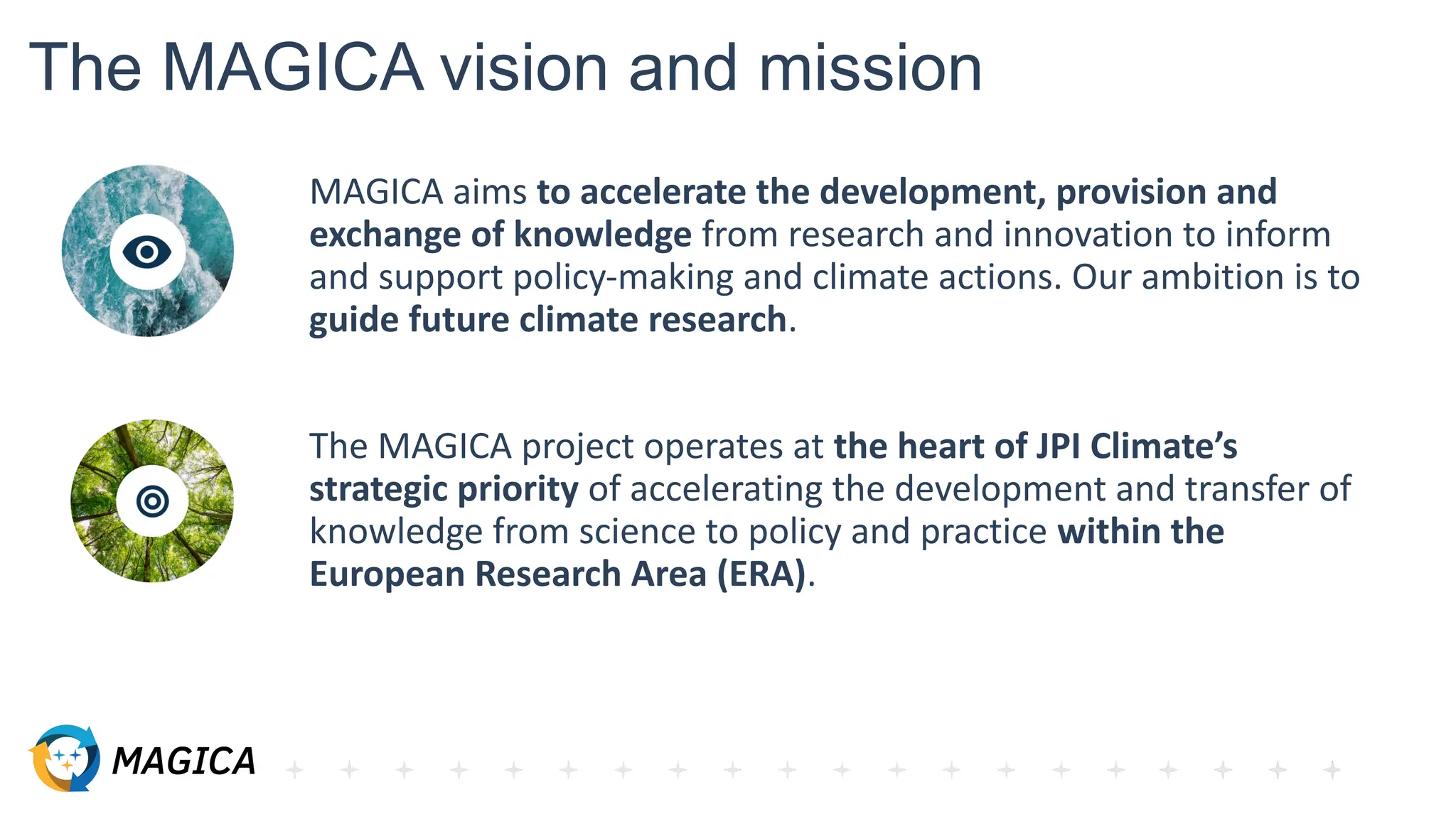 The MAGICA vision and mission
MAGICA aims to accelerate the development, provision and
exchange of knowledge from research and innovation to inform
and support policy-making and climate actions. Our ambition is to
guide future climate research.
The MAGICA project operates at the heart of JPI Climate’s
strategic priority of accelerating the development and transfer of
knowledge from science to policy and practice within the
European Research Area (ERA).
 