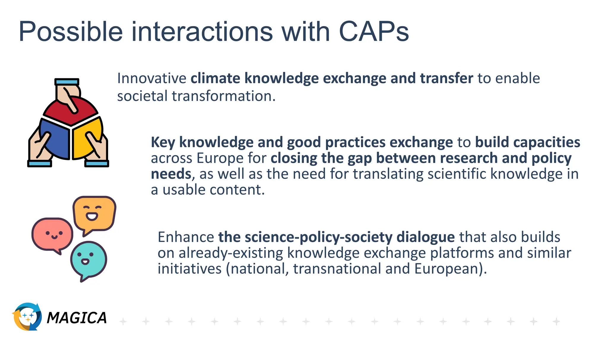 Possible interactions with CAPs
Innovative climate knowledge exchange and transfer to enable
societal transformation.
Enhance the science-policy-society dialogue that also builds
on already-existing knowledge exchange platforms and similar
initiatives (national, transnational and European).
Key knowledge and good practices exchange to build capacities
across Europe for closing the gap between research and policy
needs, as well as the need for translating scientific knowledge in
a usable content.
 