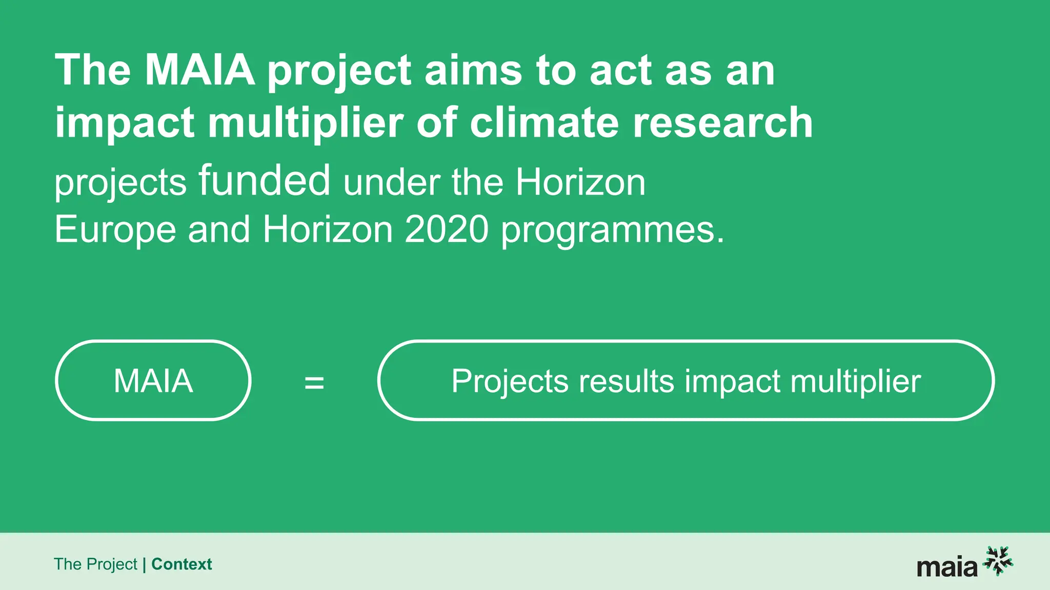 The Project | Context
The MAIA project aims to act as an
impact multiplier of climate research
projects funded under the Horizon
Europe and Horizon 2020 programmes.
=
MAIA Projects results impact multiplier
 