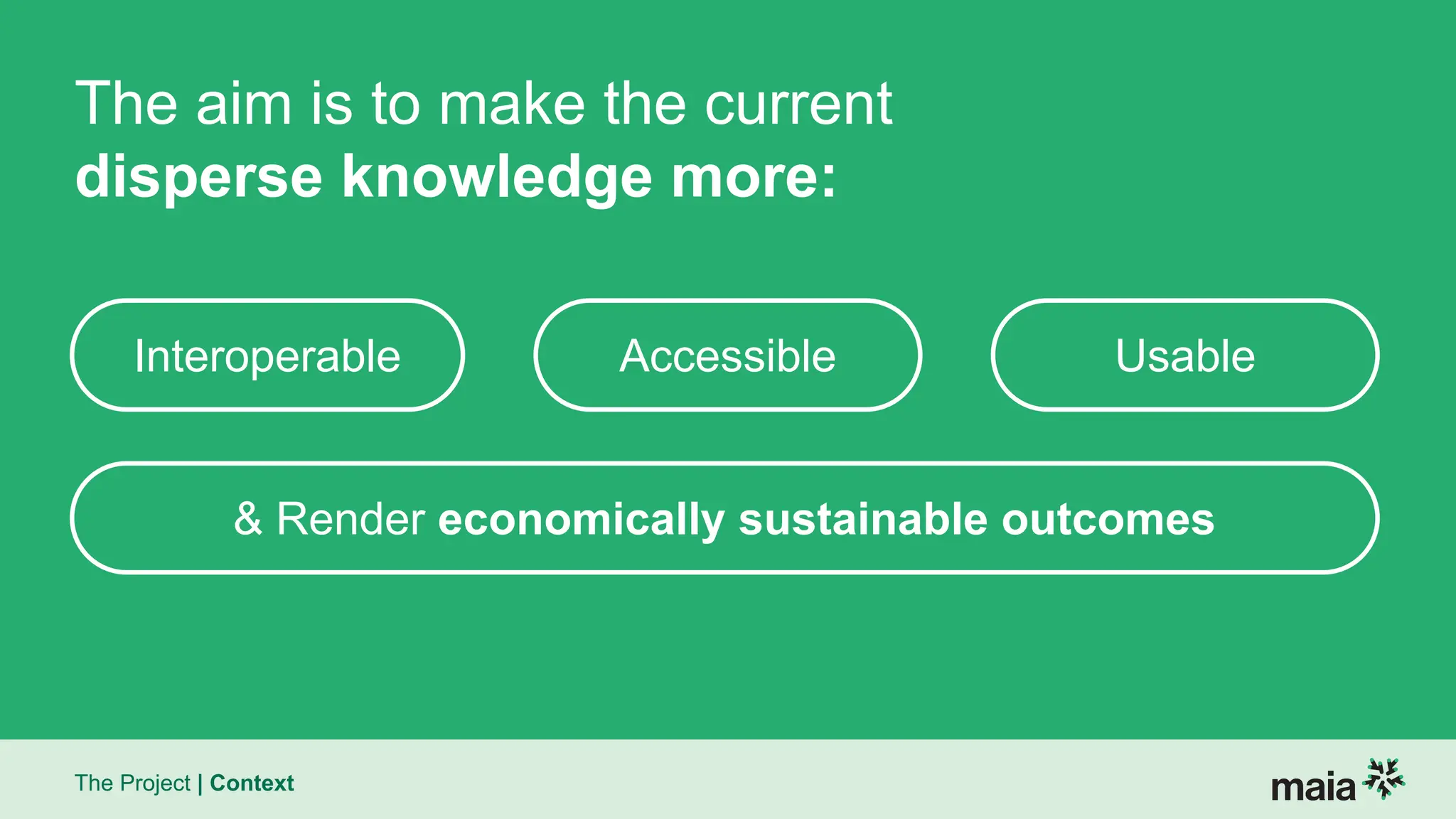 The Project | Context
The aim is to make the current
disperse knowledge more:
Interoperable Accessible Usable
& Render economically sustainable outcomes
 