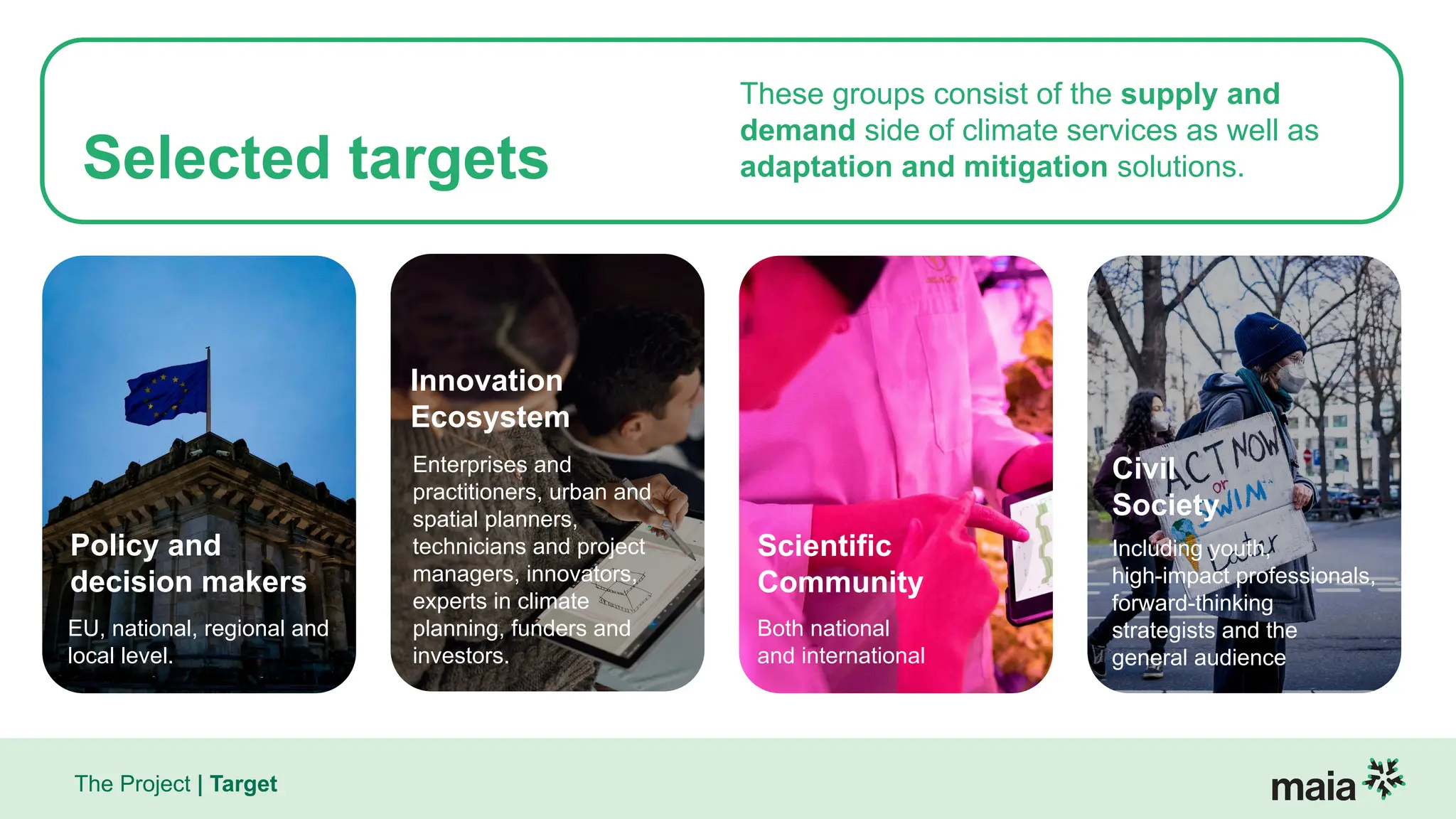 The Project | Target
Selected targets
EU, national, regional and
local level.
Innovation
Ecosystem
Enterprises and
practitioners, urban and
spatial planners,
technicians and project
managers, innovators,
experts in climate
planning, funders and
investors.
Scientific
Community
Both national
and international
Civil
Society
Including youth,
high-impact professionals,
forward-thinking
strategists and the
general audience
These groups consist of the supply and
demand side of climate services as well as
adaptation and mitigation solutions.
Policy and
decision makers
 