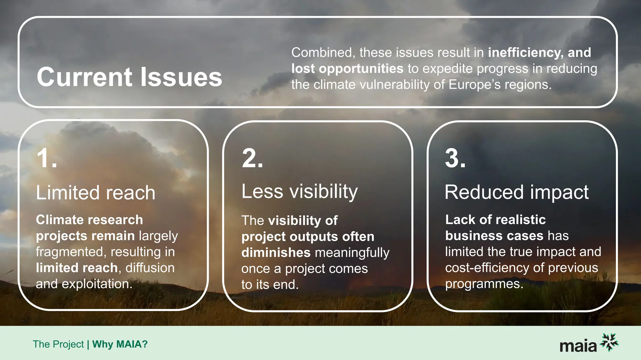 The Project | Why MAIA?
Climate research
projects remain largely
fragmented, resulting in
limited reach, diffusion
and exploitation.
The visibility of
project outputs often
diminishes meaningfully
once a project comes
to its end.
Lack of realistic
business cases has
limited the true impact and
cost-efficiency of previous
programmes.
Current Issues
Combined, these issues result in inefficiency, and
lost opportunities to expedite progress in reducing
the climate vulnerability of Europe’s regions.
Limited reach Less visibility Reduced impact
1. 2. 3.
 