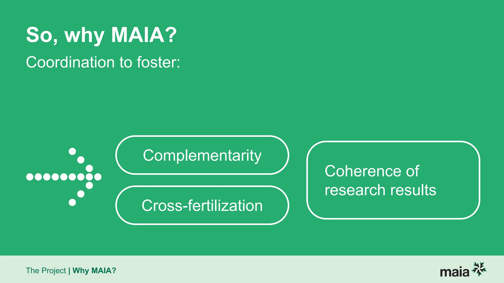 The Project | Why MAIA?
So, why MAIA?
Coordination to foster:
Complementarity
Cross-fertilization
Coherence of
research results
 