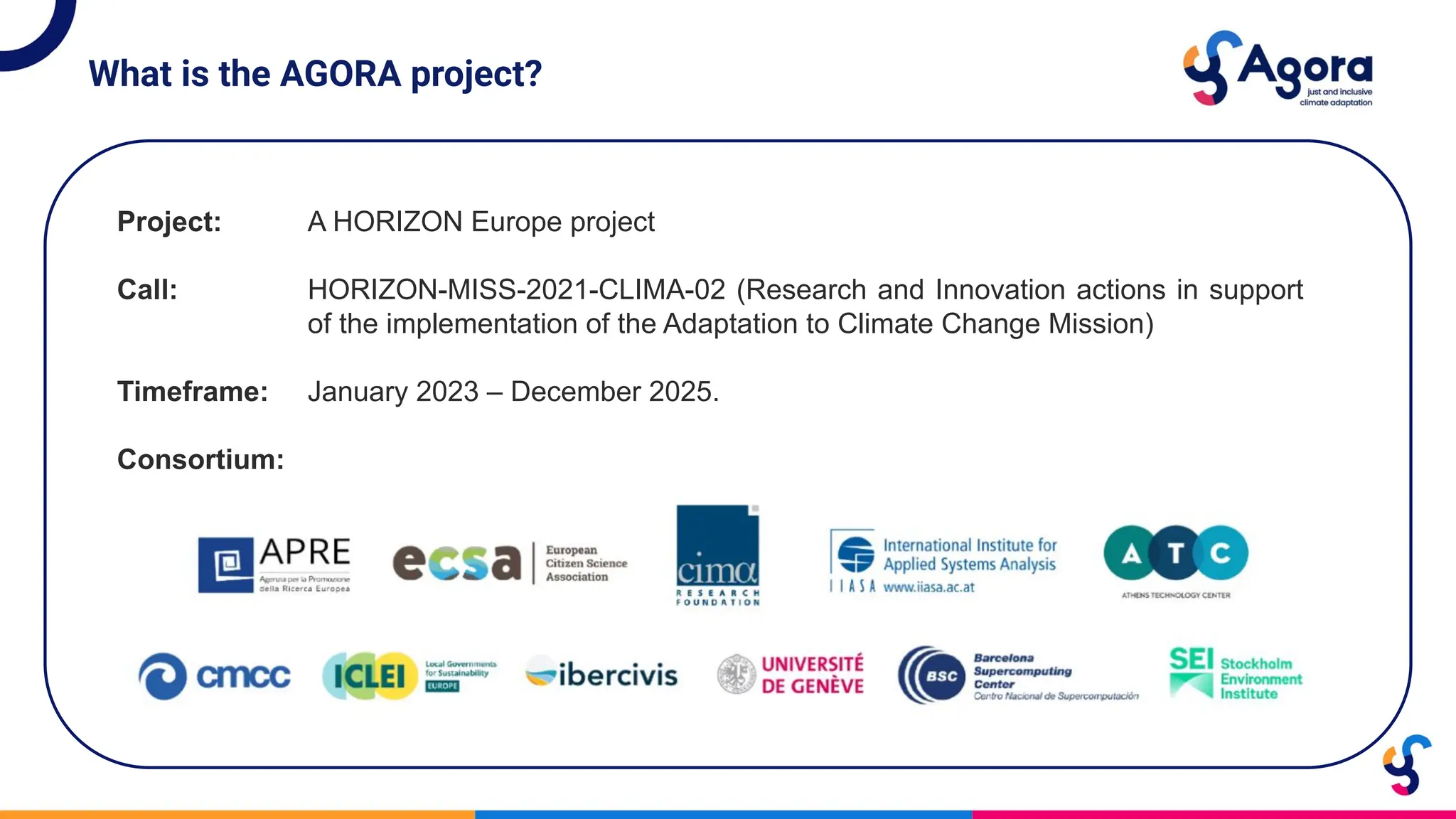 What is the AGORA project?
A HORIZON Europe project
HORIZON-MISS-2021-CLIMA-02 (Research and Innovation actions in support
of the implementation of the Adaptation to Climate Change Mission)
January 2023 – December 2025.
Project:
Call:
Timeframe:
Consortium:
 