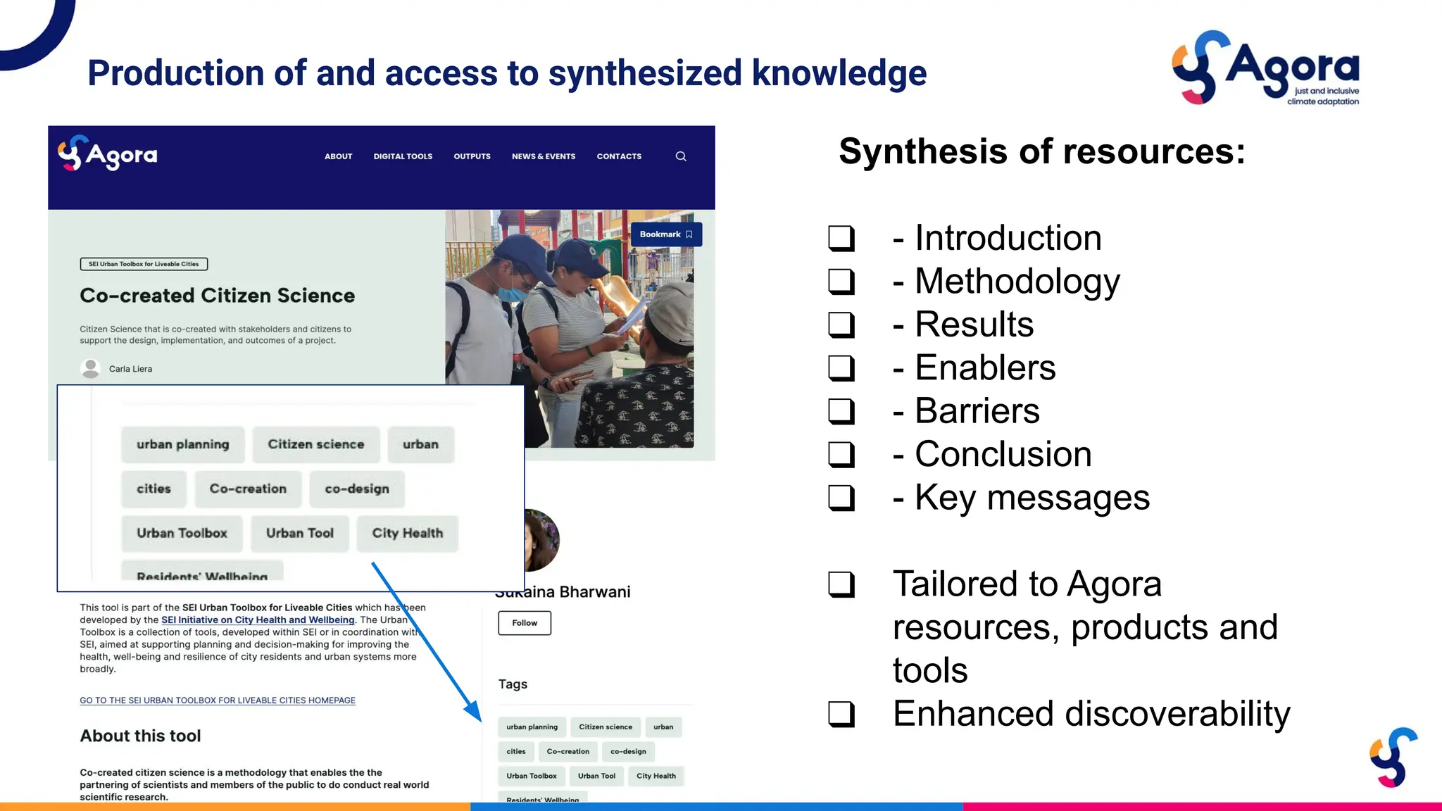 Production of and access to synthesized knowledge
Synthesis of resources:
❑ - Introduction
❑ - Methodology
❑ - Results
❑ - Enablers
❑ - Barriers
❑ - Conclusion
❑ - Key messages
❑ Tailored to Agora
resources, products and
tools
❑ Enhanced discoverability
 