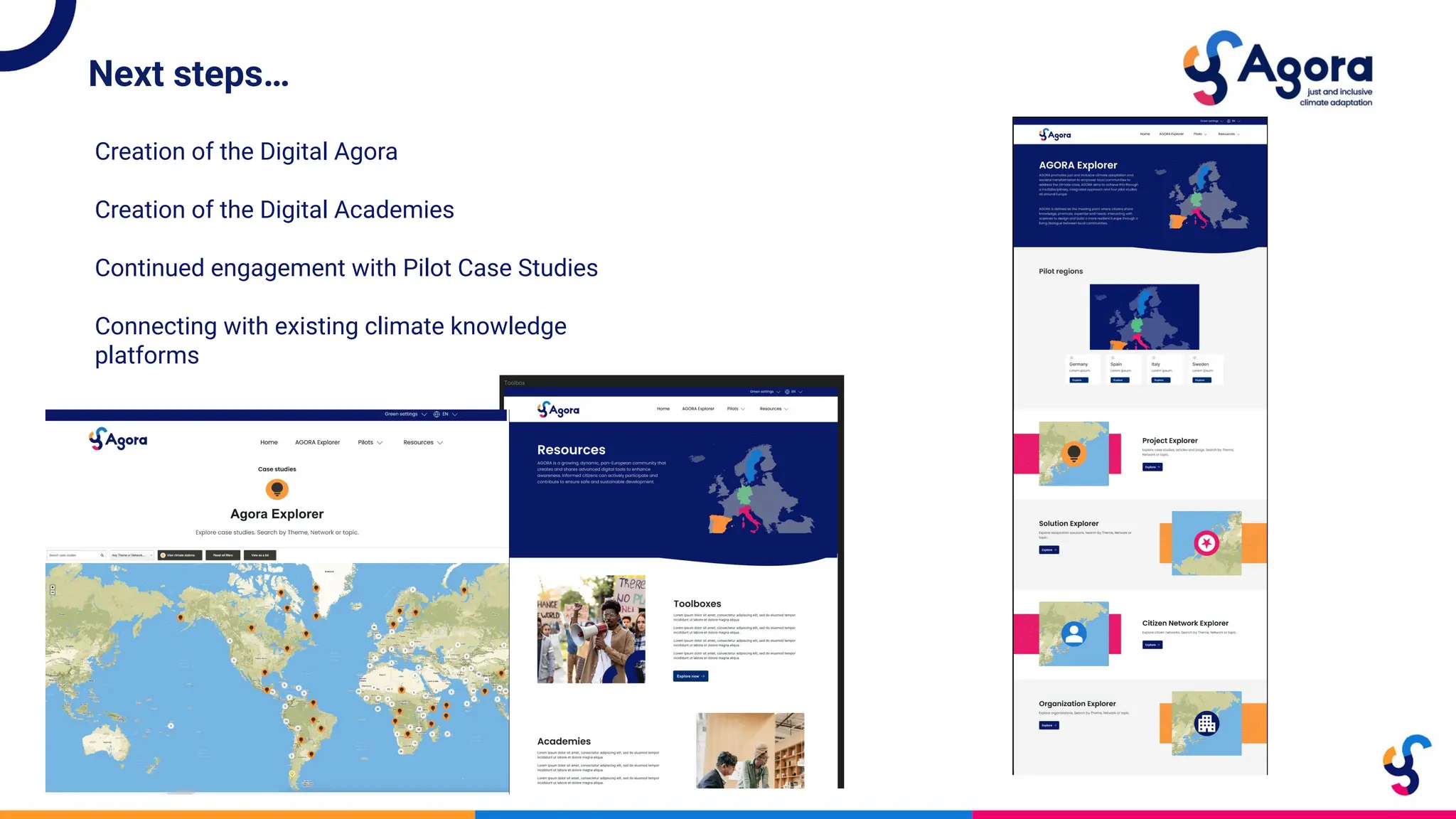 Next steps…
Creation of the Digital Agora
Creation of the Digital Academies
Continued engagement with Pilot Case Studies
Connecting with existing climate knowledge
platforms
 