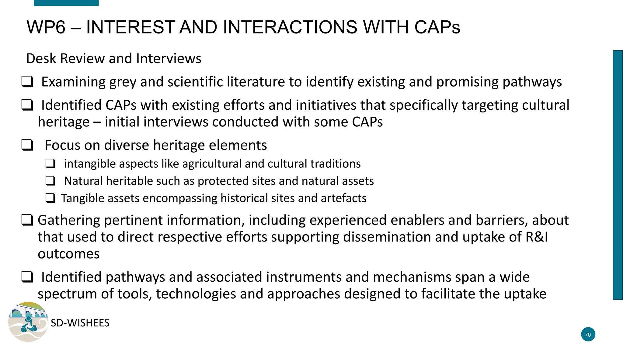 SD-WISHEES
Desk Review and Interviews
❑ Examining grey and scientific literature to identify existing and promising pathways
❑ Identified CAPs with existing efforts and initiatives that specifically targeting cultural
heritage – initial interviews conducted with some CAPs
❑ Focus on diverse heritage elements
❑ intangible aspects like agricultural and cultural traditions
❑ Natural heritable such as protected sites and natural assets
❑ Tangible assets encompassing historical sites and artefacts
❑ Gathering pertinent information, including experienced enablers and barriers, about
that used to direct respective efforts supporting dissemination and uptake of R&I
outcomes
❑ Identified pathways and associated instruments and mechanisms span a wide
spectrum of tools, technologies and approaches designed to facilitate the uptake
70
WP6 – INTEREST AND INTERACTIONS WITH CAPs
 