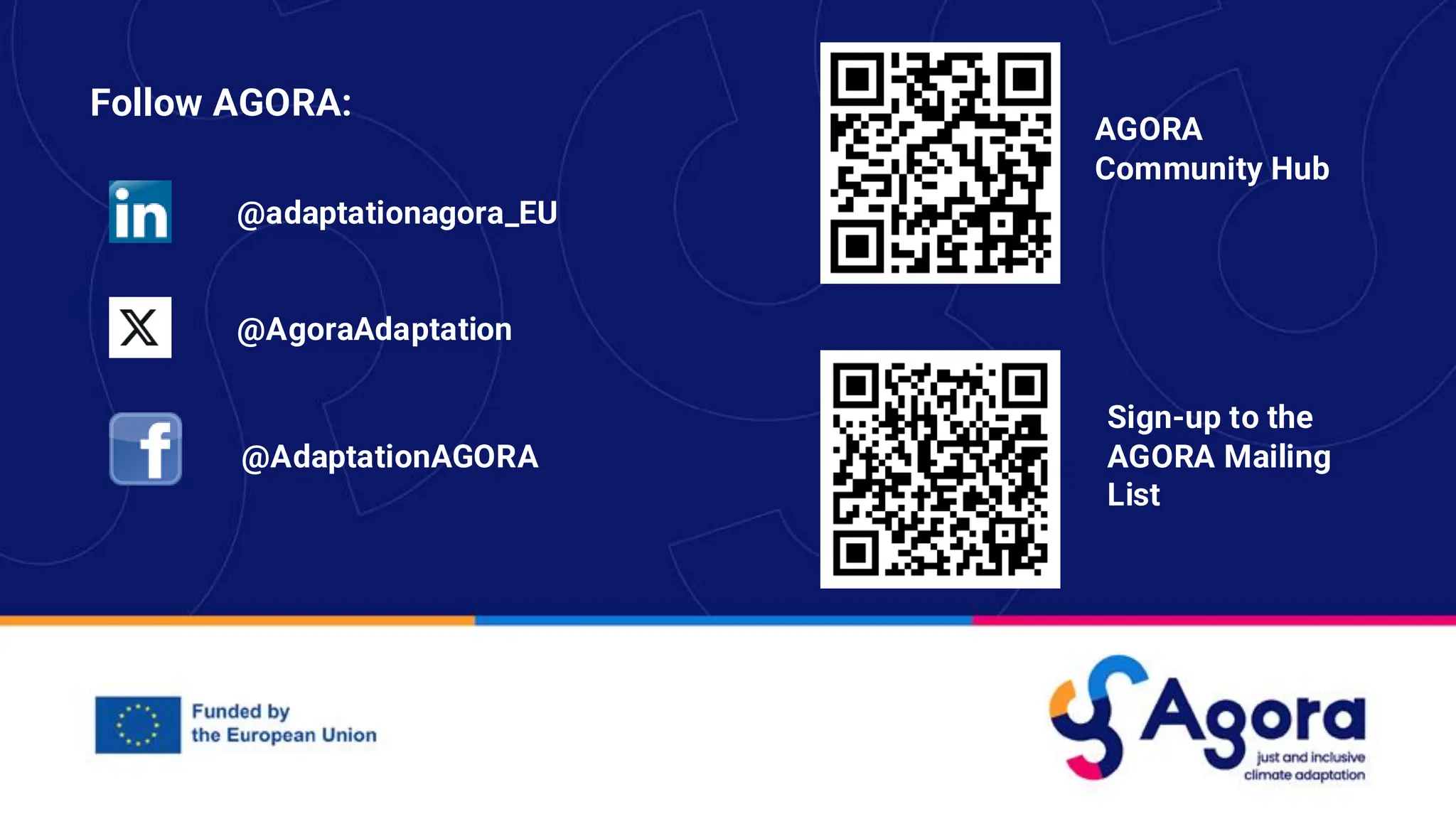 Follow AGORA:
AGORA
Community Hub
@AgoraAdaptation
@adaptationagora_EU
@AdaptationAGORA
Sign-up to the
AGORA Mailing
List
 