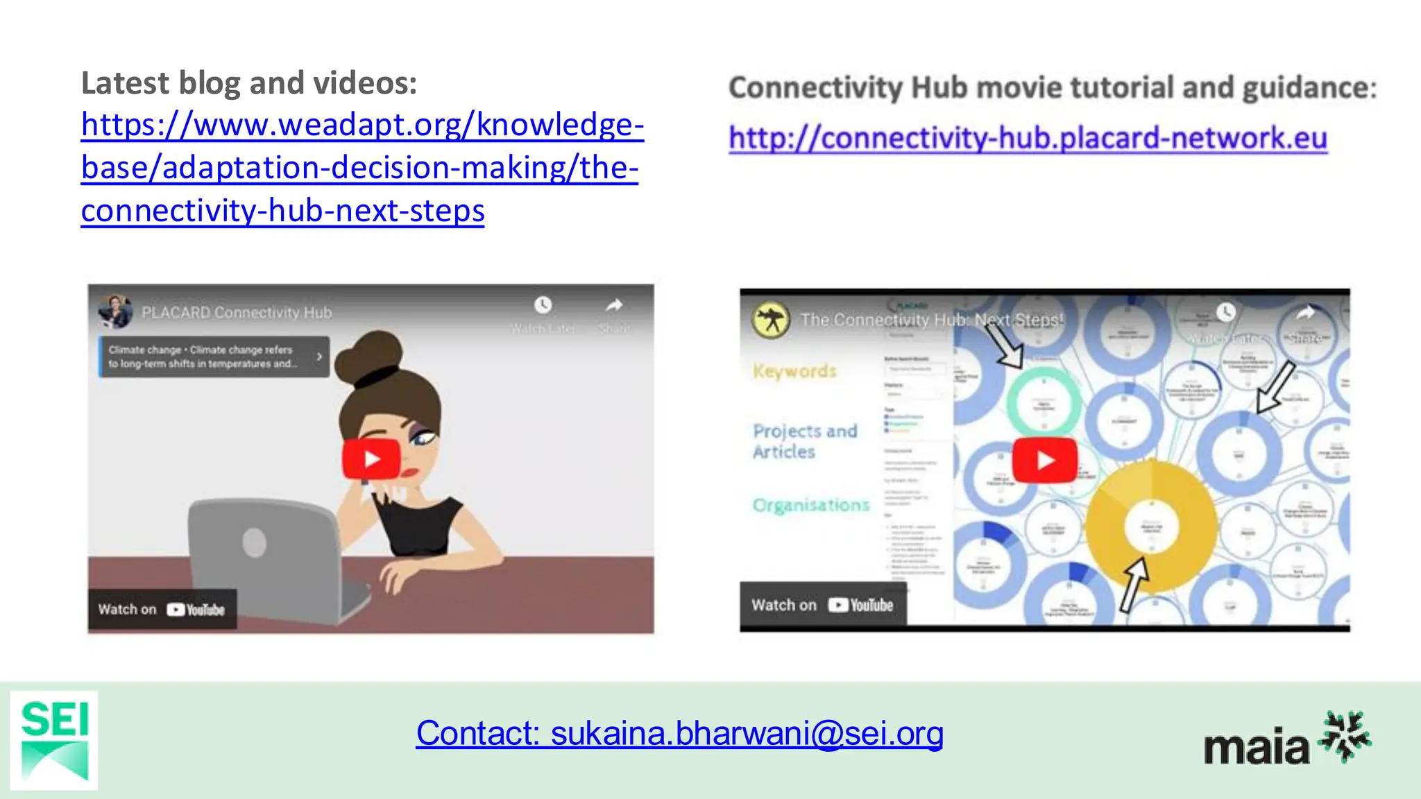 Latest blog and videos:
https://www.weadapt.org/knowledge-
base/adaptation-decision-making/the-
connectivity-hub-next-steps
Contact: sukaina.bharwani@sei.org
 
