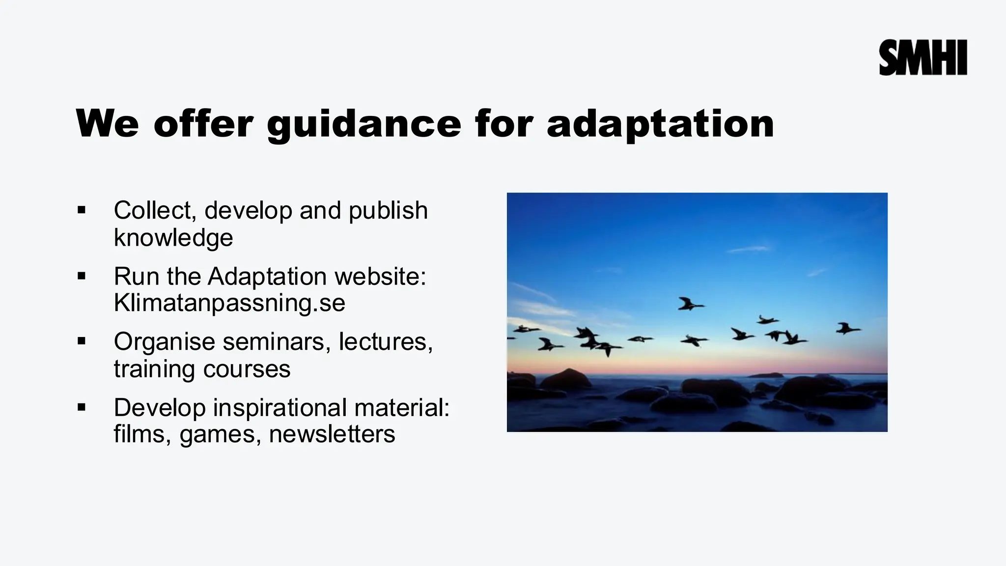 We offer guidance for adaptation
▪ Collect, develop and publish
knowledge
▪ Run the Adaptation website:
Klimatanpassning.se
▪ Organise seminars, lectures,
training courses
▪ Develop inspirational material:
films, games, newsletters
 