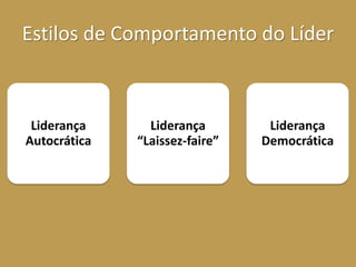 Estilos de Comportamento do Líder
Liderança
Autocrática
Liderança
“Laissez-faire”
Liderança
Democrática
 