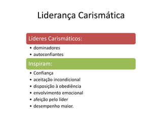 Liderança Carismática
Líderes Carismáticos:
• dominadores
• autoconfiantes
Inspiram:
• Confiança
• aceitação incondicional
• disposição à obediência
• envolvimento emocional
• afeição pelo líder
• desempenho maior.
 