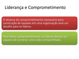 Liderança e Comprometimento
O alcance do comprometimento necessário para
construção de equipes em uma organização será um
desafio para os líderes.
Para haver comprometimento, os líderes devem ser
capazes de construir uma visão compartilhada.
 