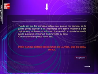 Puede ser que los animales sufran mas, porque por ejemplo, en la guerra puedo explicar a los prisioneros que deben resignarse a ser capturados y recluidos sin sufrir otro tipo de daño y cuando termine la guerra quedarán en libertad, disminuyendo su pena Con un animal no puedo hacer esto PERO AUN NO HEMOS DICHO NADA DE LA VIDA, QUE ES COSA DIFICIL Recapitulación   