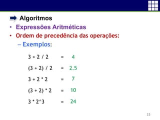 • Algoritmos
• Expressões Aritméticas
• Ordem de precedência das operações:
– Exemplos:
23
4
2.5
7
10
24
3 + 2 / 2 =
(3 + 2) / 2 =
3 + 2 * 2 =
(3 + 2) * 2 =
3 * 2^3 =
 
