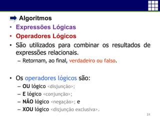 • Algoritmos
• Expressões Lógicas
• Operadores Lógicos
• São utilizados para combinar os resultados de
expressões relacionais.
– Retornam, ao final, verdadeiro ou falso.
• Os operadores lógicos são:
– OU lógico <disjunção>;
– E lógico <conjunção>;
– NÃO lógico <negação>; e
– XOU lógico <disjunção exclusiva>.
31
 