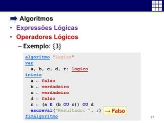 • Algoritmos
• Expressões Lógicas
• Operadores Lógicos
– Exemplo: {3}
37
algoritmo "Logico"
var
a, b, c, d, r: logico
inicio
a ← falso
b ← verdadeiro
c ← verdadeiro
d ← falso
r ← (a E (b OU c)) OU d
escreval("Resultado: ", r)
fimalgoritmo
→ Falso
 