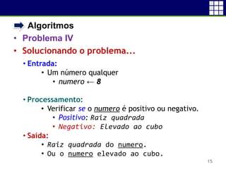 • Algoritmos
• Problema IV
• Solucionando o problema...
15
• Entrada:
• Um número qualquer
• numero ← 8
• Processamento:
• Verificar se o numero é positivo ou negativo.
• Positivo: Raiz quadrada
• Negativo: Elevado ao cubo
• Saída:
• Raiz quadrada do numero.
• Ou o numero elevado ao cubo.
 