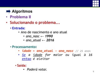 • Algoritmos
• Problema II
• Solucionando o problema...
9
• Entrada:
• Ano de nascimento e ano atual
• ano_nasc ← 1990
• ano_atual ← 2016
• Processamento:
• idade ← ano_atual - ano_nasc // 25 anos
• Se a idade for maior ou igual à 16
entao é eleitor
• Saída:
• Poderá votar.
 