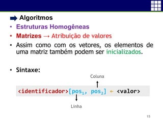 • Algoritmos
• Estruturas Homogêneas
• Matrizes → Atribuição de valores
• Assim como com os vetores, os elementos de
uma matriz também podem ser inicializados.
• Sintaxe:
15
<identificador>[pos1, pos2] ← <valor>
Linha
Coluna
 