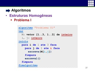• Algoritmos
• Estruturas Homogêneas
 Problema I
27
algoritmo "Problema 01"
var
M: vetor [1..3, 1..3] de inteiro
i, j: inteiro
inicio
para i de 1 ate 3 faca
para j de 1 ate i faca
escreva(M[i,j])
fimpara
escreval()
fimpara
fimalgoritmo
 