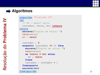 • Algoritmos
23
algoritmo "Problema 04"
var
// mv → maior valor
contador, valor, mv: inteiro
inicio
escreva("Digite um valor: ")
leia(valor)
mv ← valor
contador ← 2
enquanto (contador <= 5) faca
escreva("Digite um valor: ")
leia(valor)
se (valor > mv) entao
mv ← valor
fimse
contador ← contador + 1
fimenquanto
escreval(mv)
fimalgoritmo
ResoluçãodoProblemaIV
 