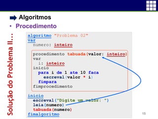 • Algoritmos
• Procedimento
15
algoritmo "Problema 02"
var
numero: inteiro
procedimento tabuada(valor: inteiro)
var
i: inteiro
inicio
para i de 1 ate 10 faca
escreval(valor * i)
fimpara
fimprocedimento
inicio
escreval("Digite um valor: ")
leia(numero)
tabuada(numero)
fimalgoritmo
SoluçãodoProblemaII...
 