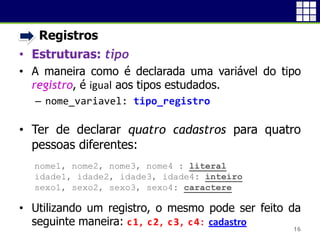 • Registros
• Estruturas: tipo
• A maneira como é declarada uma variável do tipo
registro, é igual aos tipos estudados.
 nome_variavel: tipo_registro
• Ter de declarar quatro cadastros para quatro
pessoas diferentes:
• Utilizando um registro, o mesmo pode ser feito da
seguinte maneira: c1, c2, c3, c4: cadastro
16
nome1, nome2, nome3, nome4 : literal
idade1, idade2, idade3, idade4: inteiro
sexo1, sexo2, sexo3, sexo4: caractere
 