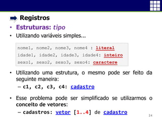 • Registros
• Estruturas: tipo
• Utilizando variáveis simples...
• Utilizando uma estrutura, o mesmo pode ser feito da
seguinte maneira:
 c1, c2, c3, c4: cadastro
• Esse problema pode ser simplificado se utilizarmos o
conceito de vetores:
 cadastros: vetor [1..4] de cadastro
24
nome1, nome2, nome3, nome4 : literal
idade1, idade2, idade3, idade4: inteiro
sexo1, sexo2, sexo3, sexo4: caractere
 