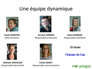 Une équipe dynamique Céline DOMENC Responsable médiation Arnaud TORNIER Responsable production Cécile OUDEYER Administratrice Nathalie CHEVALIER Responsable Cap Archéo Et toute l’équipe de Cap sciences Emilie GOUET Responsable communication 