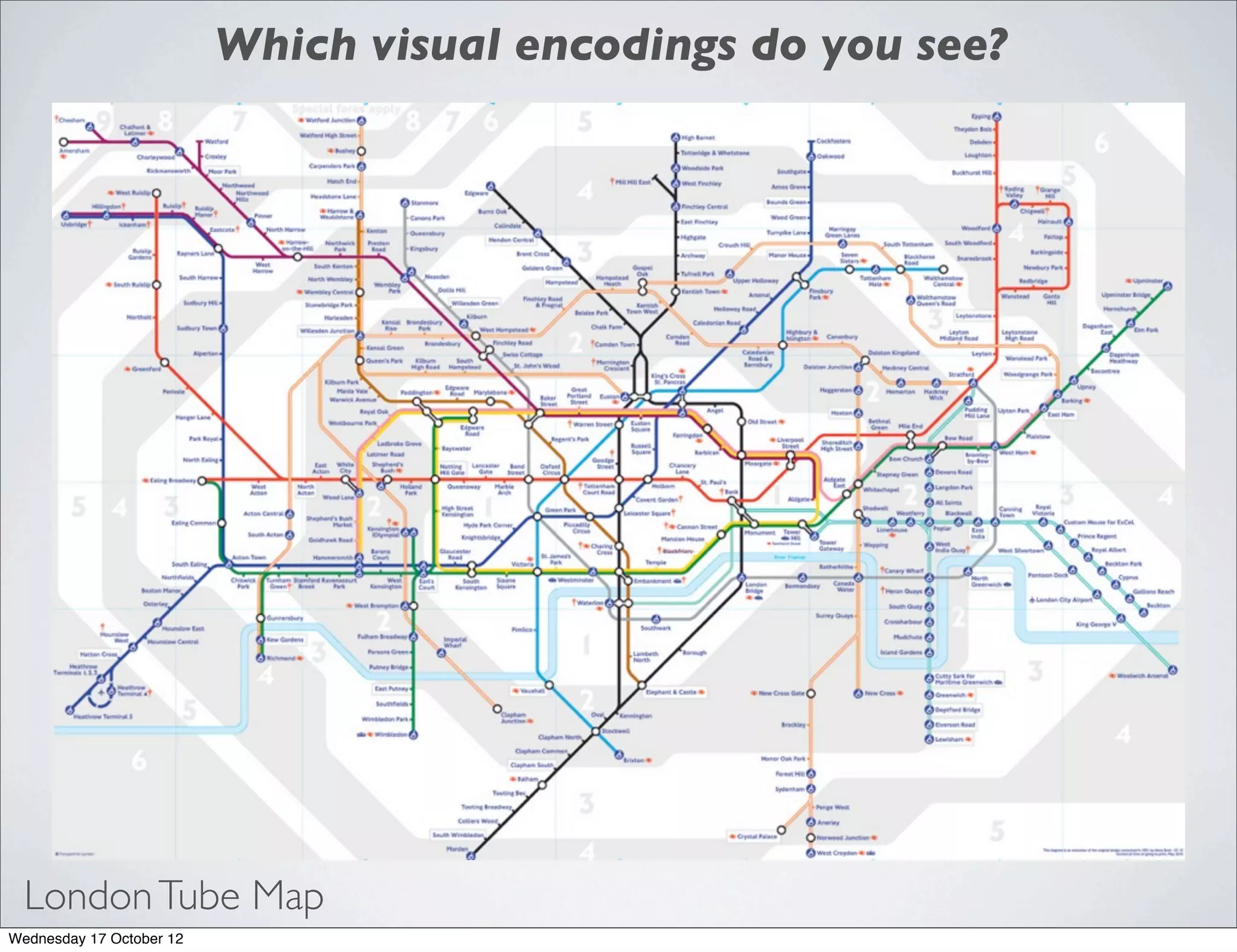 Which visual encodings do you see?




                                      Example...




  London Tube Map
Wednesday 17 October 12
 