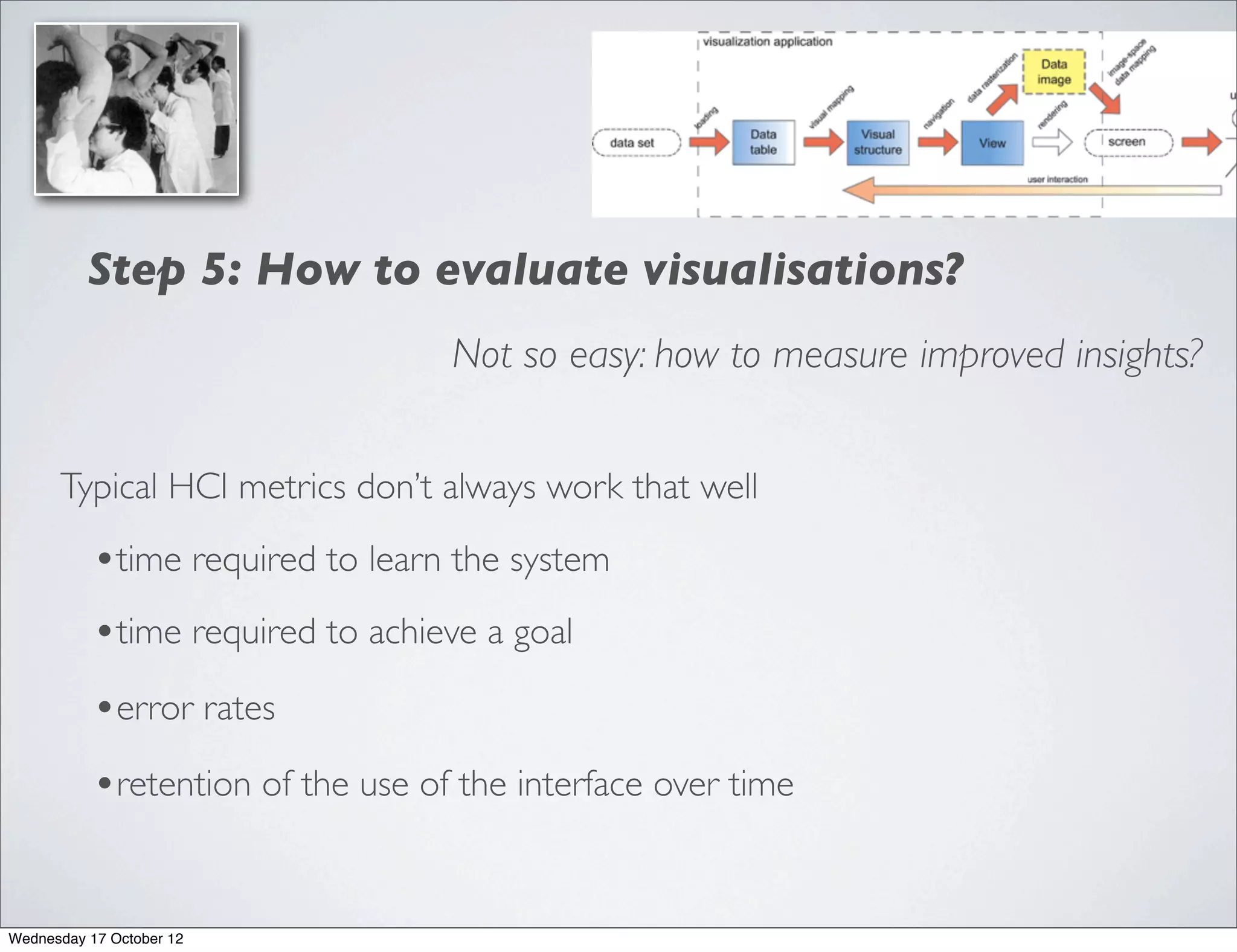 Step 5: How to evaluate visualisations?
                                   Not so easy: how to measure improved insights?


      Typical HCI metrics don’t always work that well

           •time required to learn the system
           •time required to achieve a goal
           •error rates
           •retention of the use of the interface over time


Wednesday 17 October 12
 