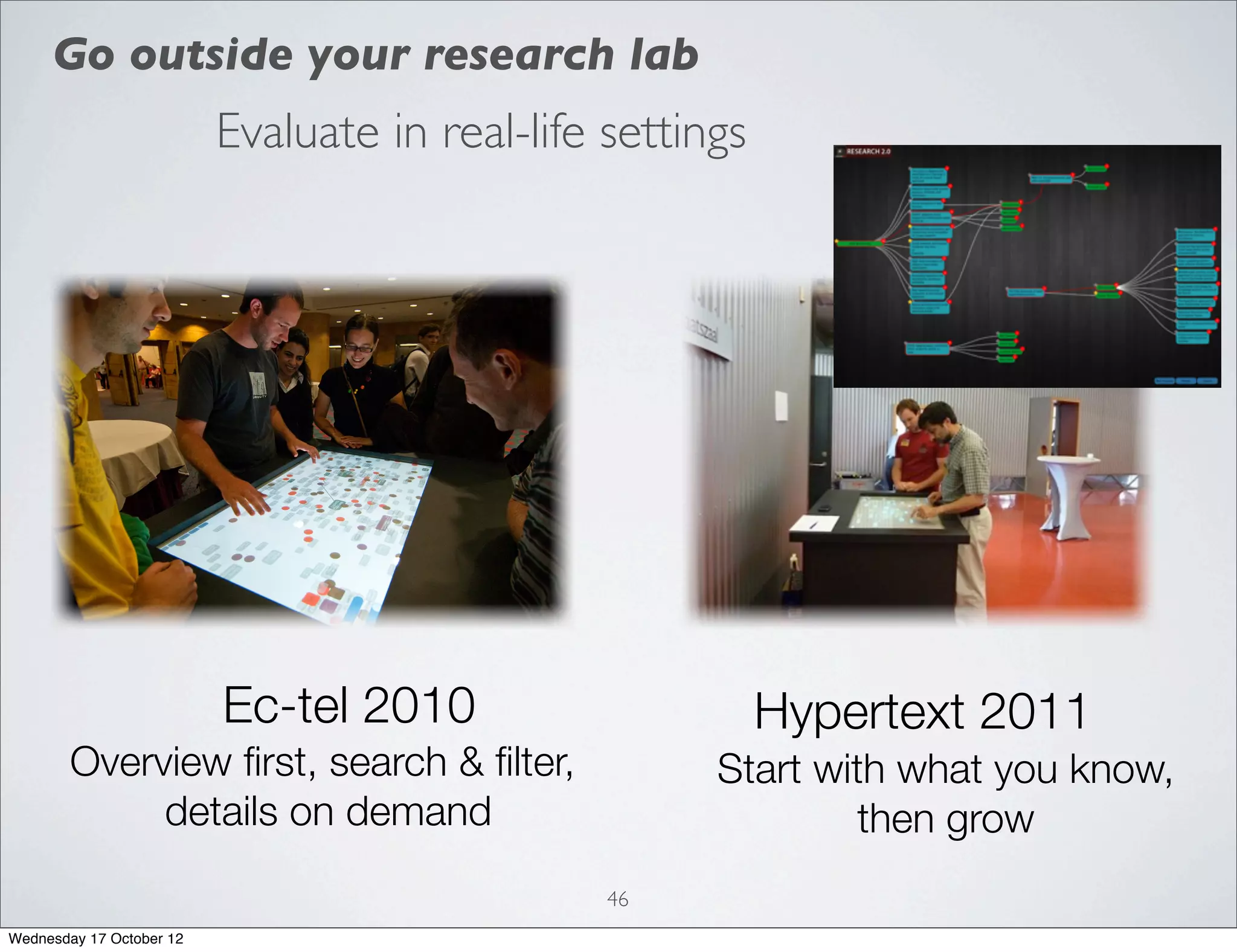 Go outside your research lab
                          Evaluate in real-life settings




                          Ec-tel 2010
              Figure 4: Setting of the evaluation.
                                                            Hypertext 2011
        Overview ﬁrst, search & ﬁlter,                    Start with what you know,
             details on demand                                    then grow
                                                     46
Wednesday 17 October 12
 