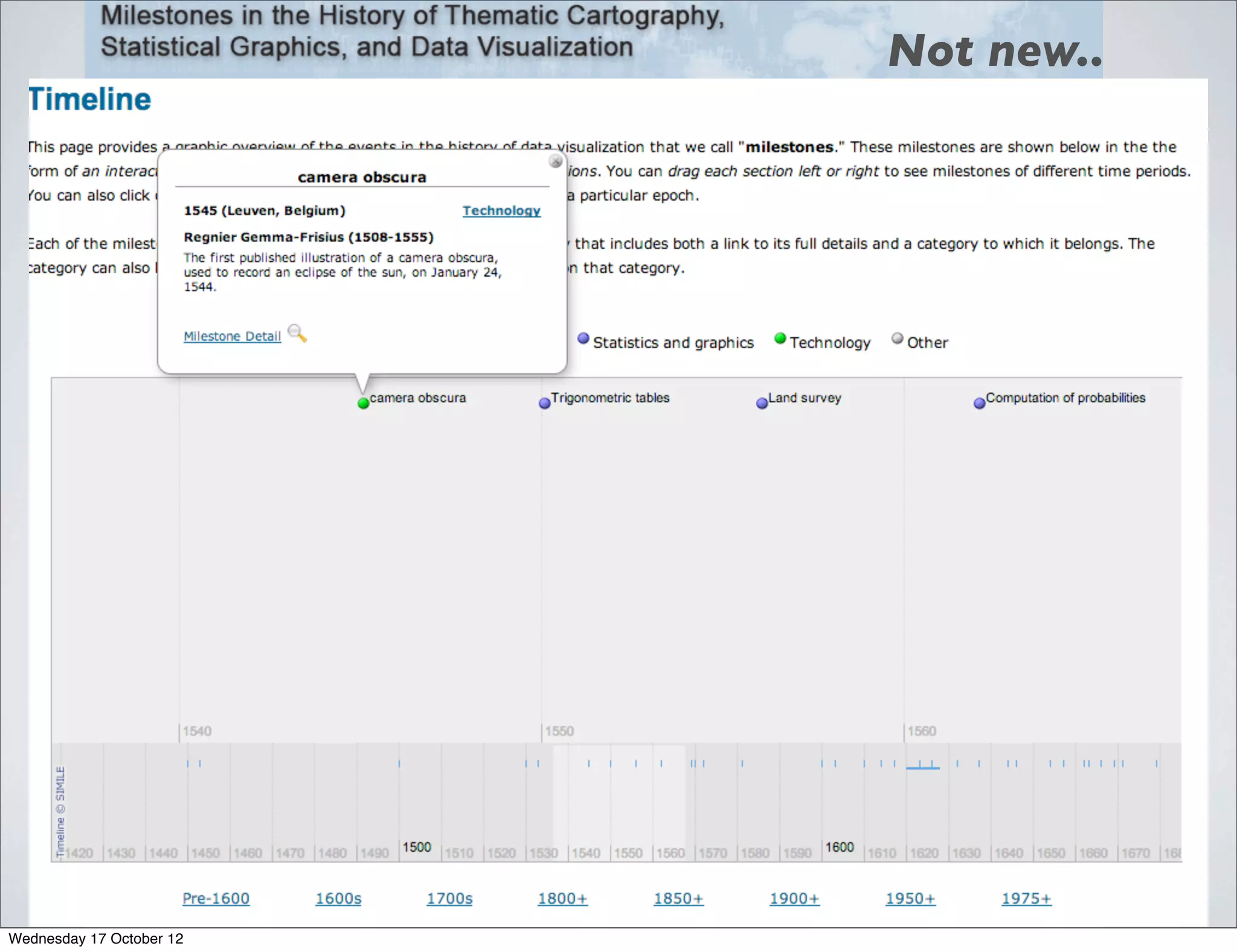 Not new..


                          http://www.datavis.ca/milestones/




Wednesday 17 October 12
 