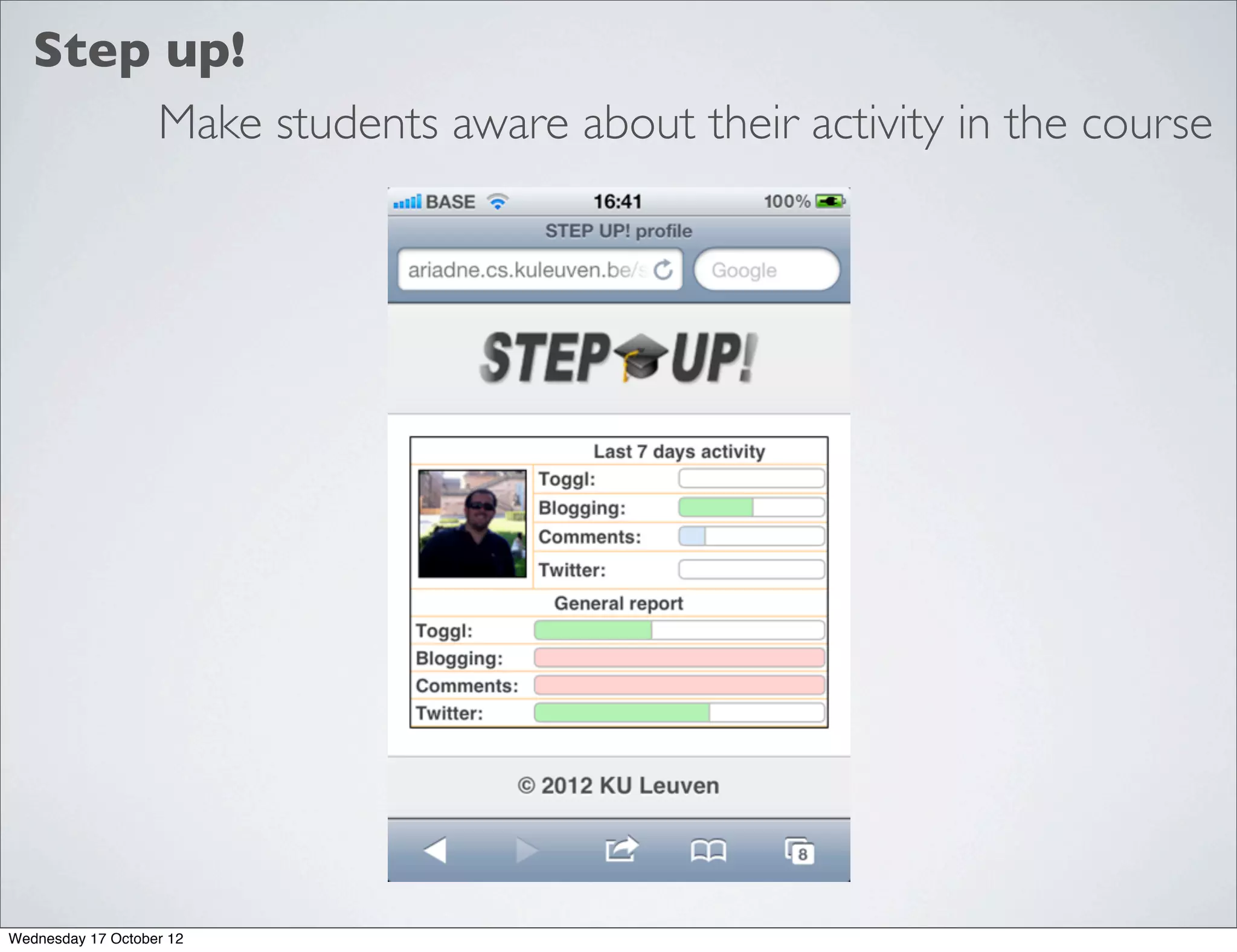 Step up!
       Make students aware about their activity in the course




Wednesday 17 October 12
 