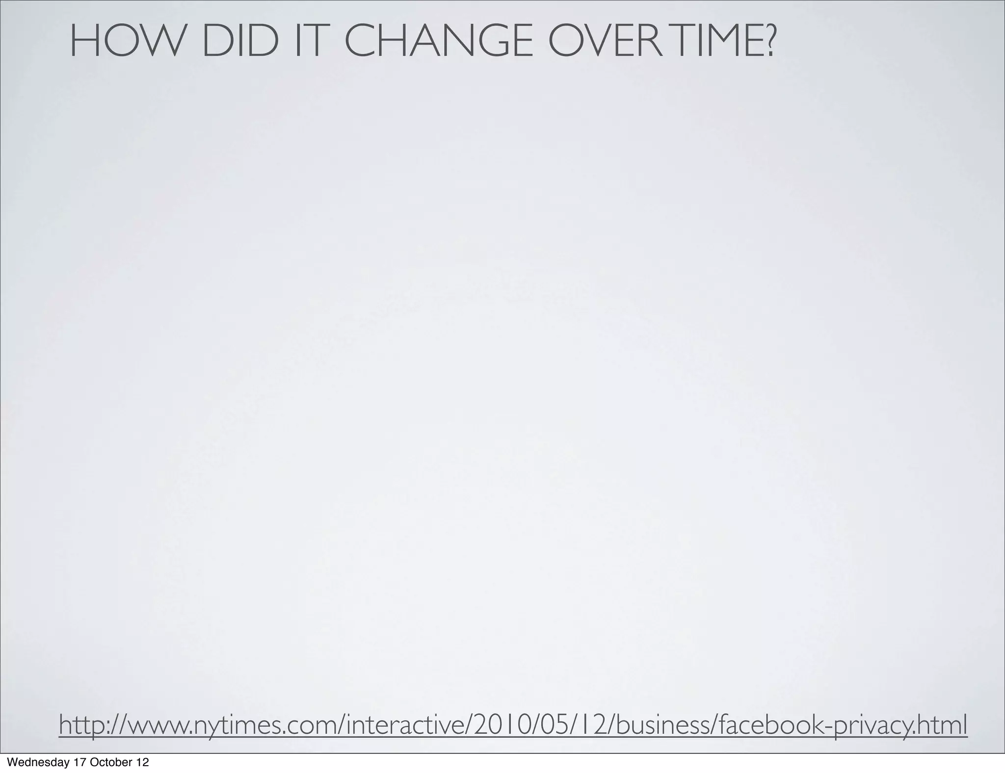HOW DID IT CHANGE OVER TIME?




        http://www.nytimes.com/interactive/2010/05/12/business/facebook-privacy.html
Wednesday 17 October 12
 