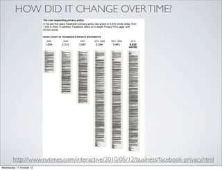 HOW DID IT CHANGE OVER TIME?




        http://www.nytimes.com/interactive/2010/05/12/business/facebook-privacy.html
Wednesday 17 October 12
 
