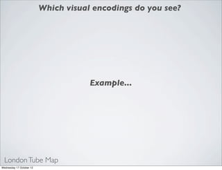 Which visual encodings do you see?




                                      Example...




  London Tube Map
Wednesday 17 October 12
 