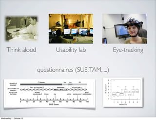 Think aloud                 Usability lab             Eye-tracking


                          questionnaires (SUS, TAM, ...)




Wednesday 17 October 12
 