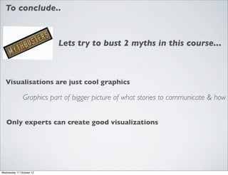 To conclude..



                          Lets try to bust 2 myths in this course...



  Visualisations are just cool graphics

               Graphics part of bigger picture of what stories to communicate & how


   Only experts can create good visualizations




Wednesday 17 October 12
 