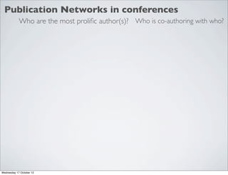 Publication Networks in conferences
            Who are the most proliﬁc author(s)? Who is co-authoring with who?




Wednesday 17 October 12
 