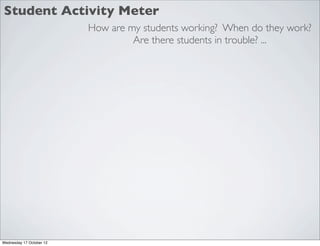 Student Activity Meter
                          How are my students working? When do they work?
                                   Are there students in trouble? ...




Wednesday 17 October 12
 