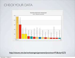CHECK YOUR DATA




                   http://nieuws.vtm.be/verkiezingen/gemeente?province=P1&city=G73

Wednesday 17 October 12
 