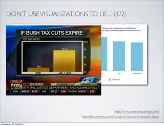 DON’T USE VISUALIZATIONS TO LIE... (1/2)




                                                     http://www.perceptualedge.com/
                              http://ﬂowingdata.com/category/statistics/mistaken-data/

Wednesday 17 October 12
 